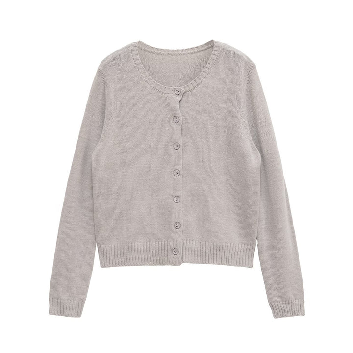 Fine knit jacket for women with continuous button placket and soft round collar Lune London