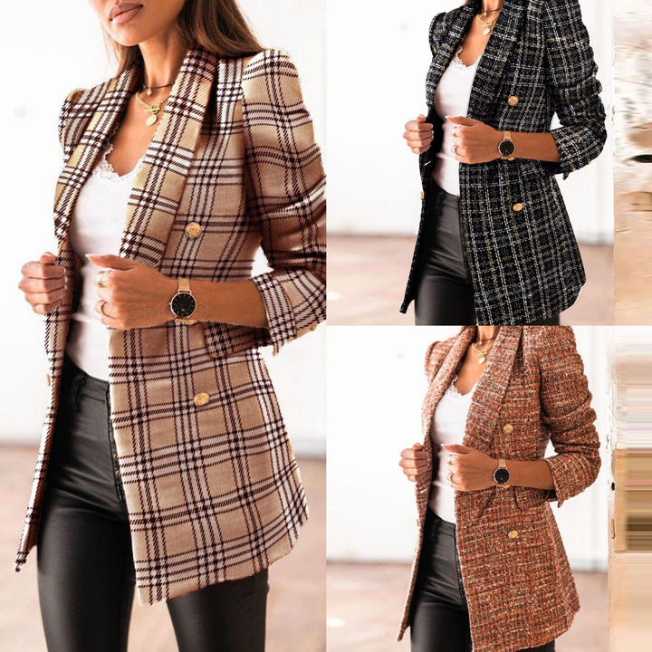 Ladies elegant double-breasted tweed blazer with shoulder pads Lune London