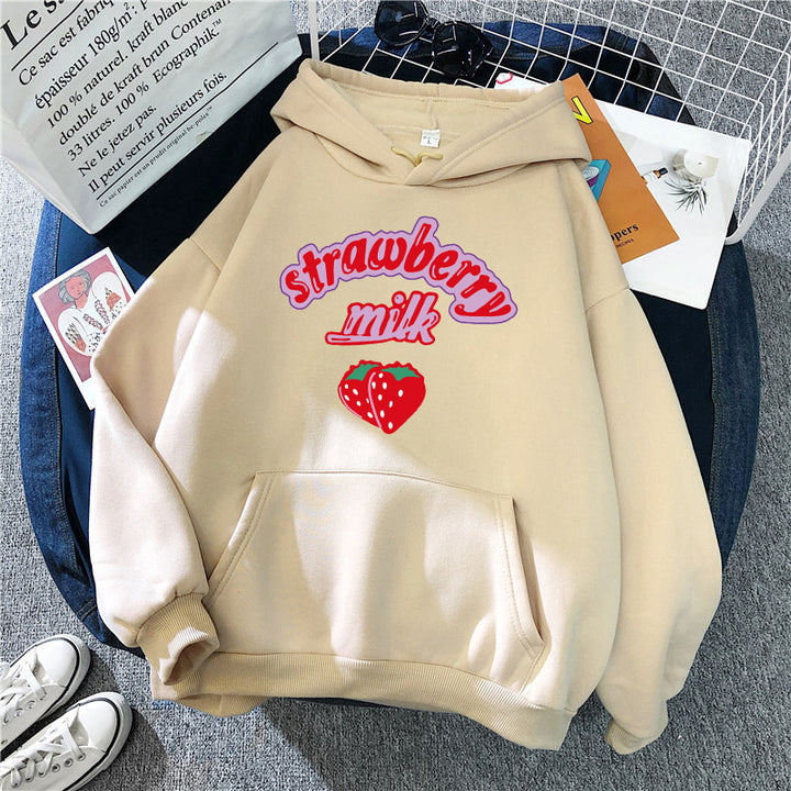 Ladies hooded sweatshirt with cheerful strawberry milk design Chic & Stil