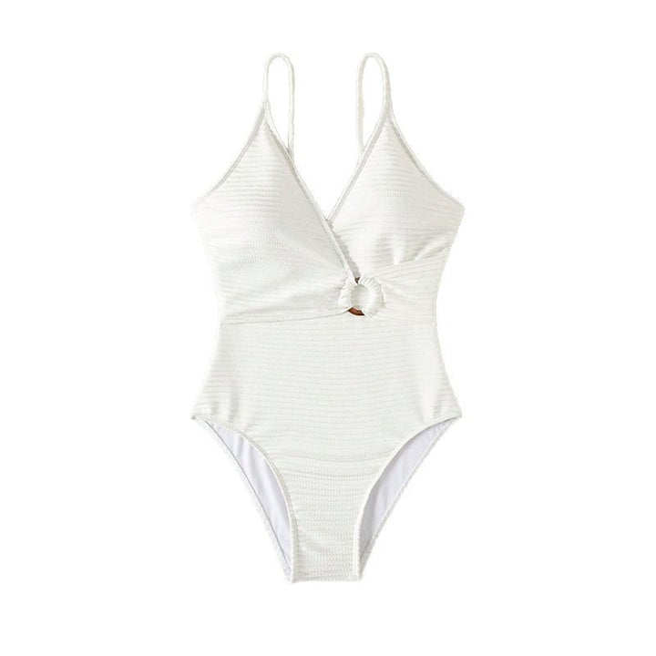 Ladies Rib-Knit Deep V-Neck Swimsuit Bodysuit with Chic Decorative Ring and Style