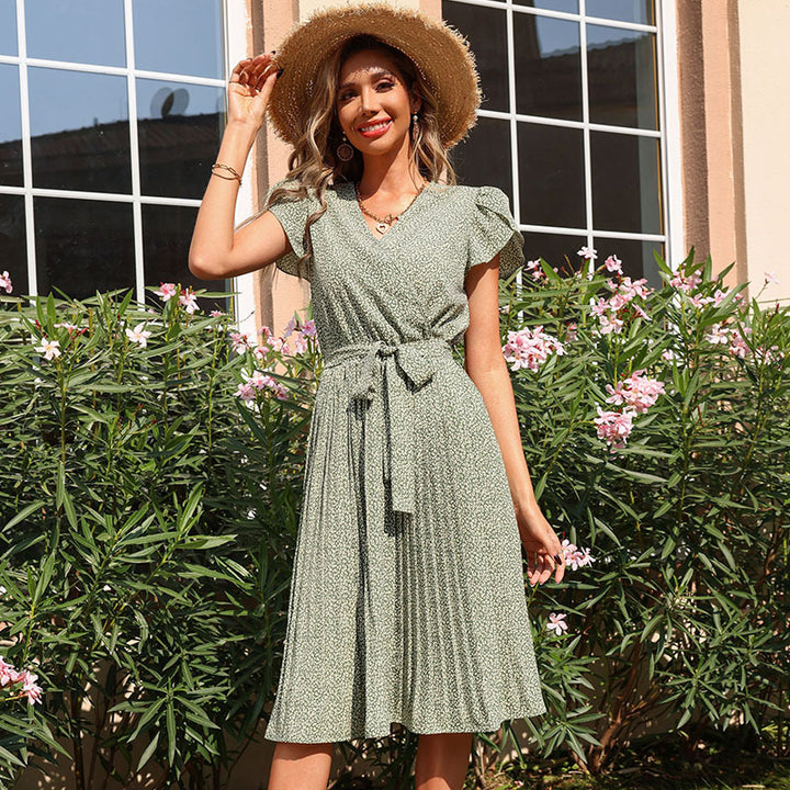 Pleated wrap dress for women with waist detail