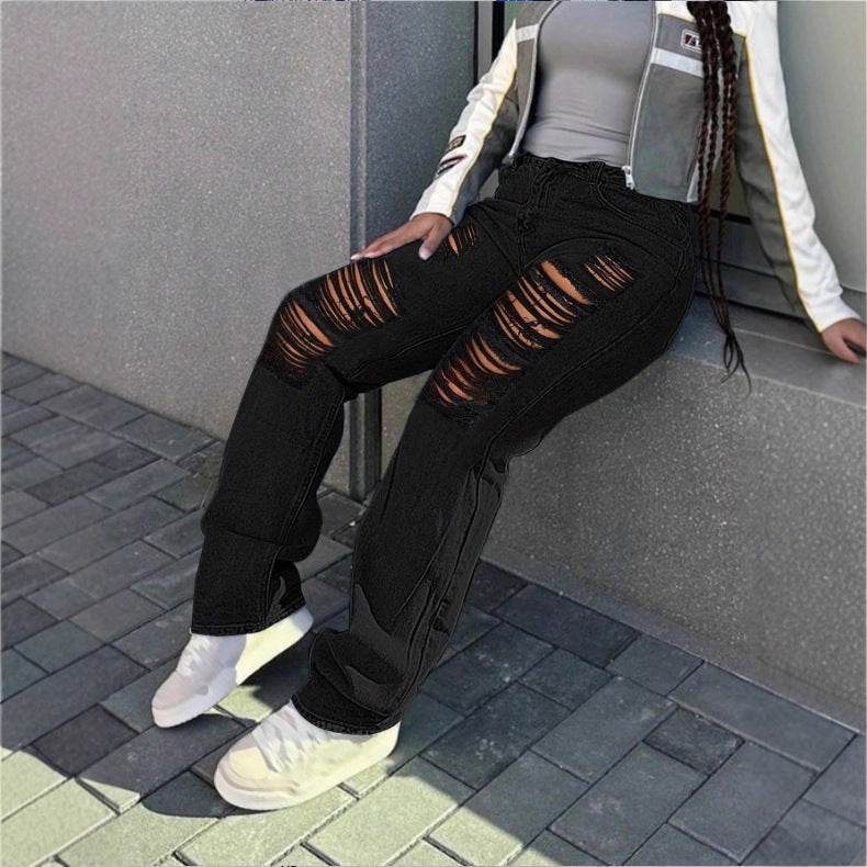 Women's high-cut wide denim jeans with pronounced ripped details and a casual fit Amarae