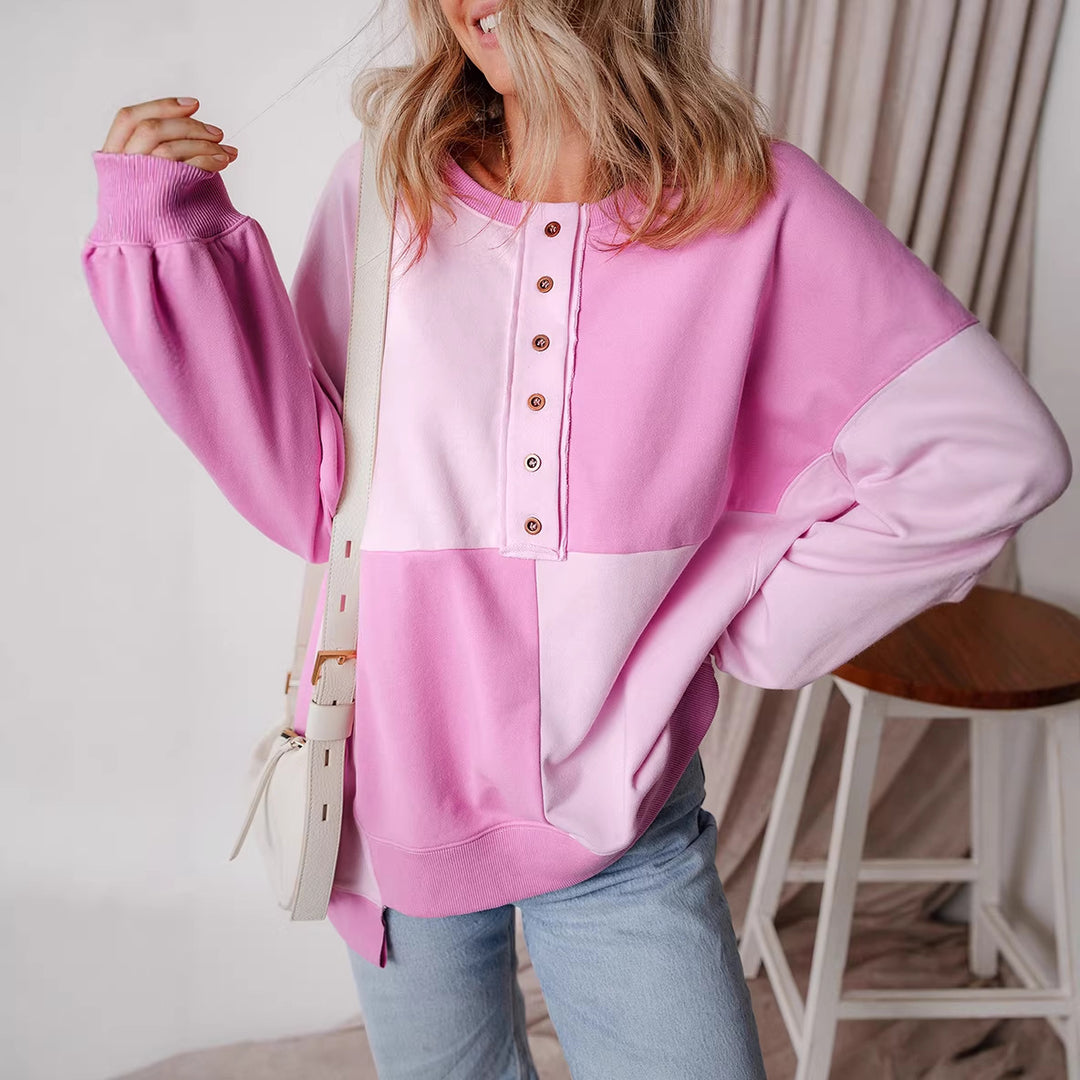 Women's Oversized Long Sleeve Sweatshirt in Colorblock with Henley Button Placket and Balloon Sleeves Amarae