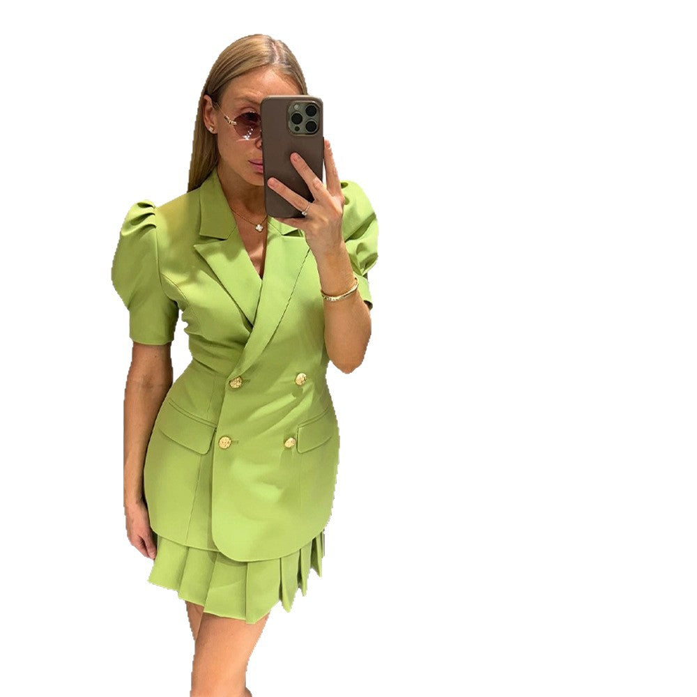 Women Double-Breasted Blazer Dress with Puff Sleeves and Pleated Hem Amarae