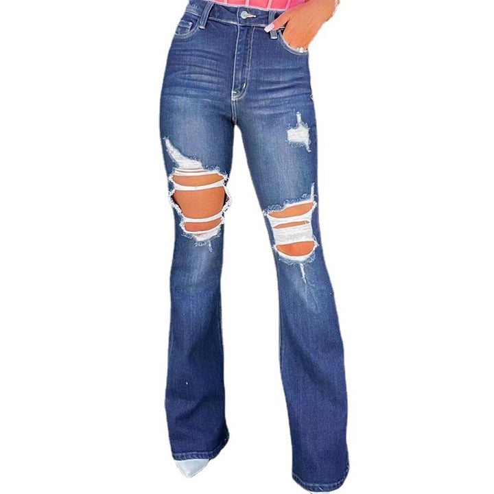 Flared jeans for women with a distressed look, featuring high pockets and frayed hem Chic & Stil