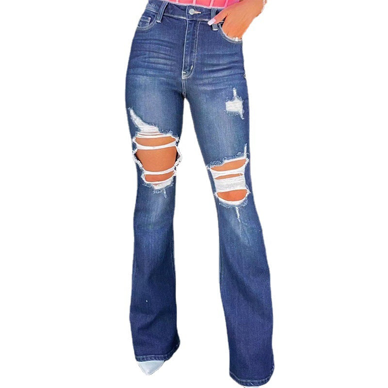 Ladies Flared Jeans with fashionable destroyed effects and high waist Lune London