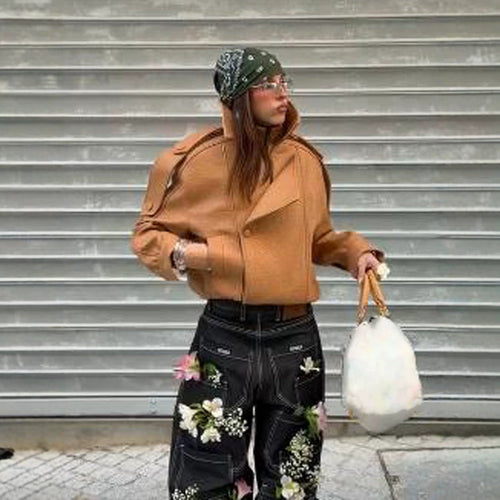 Ladies Cropped Oversized Jacket made of textured synthetic leather with a high stand-up collar Amarae