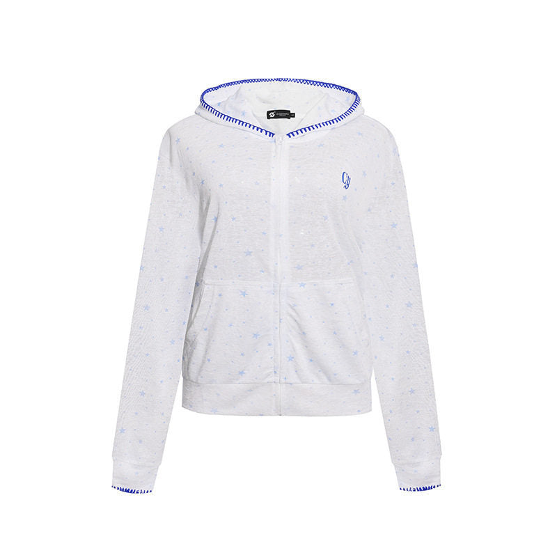 Women's Lightweight Hooded Zip Cardigan with Allover Stars and Decorative Stitching