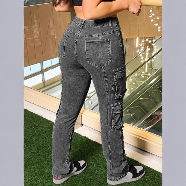 Women’s cargo denim pants with multiple flap pockets, knee panels, and high-waisted fit Amarae