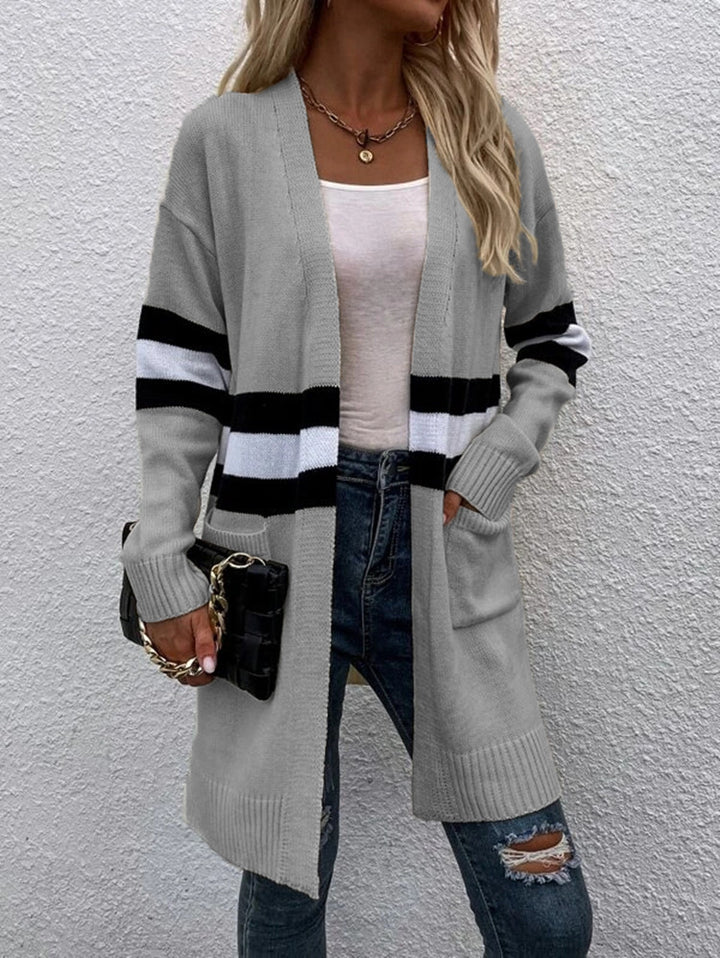 Women Open Knit Sweater with a Modern Striped Pattern and Practical Pockets Lune London