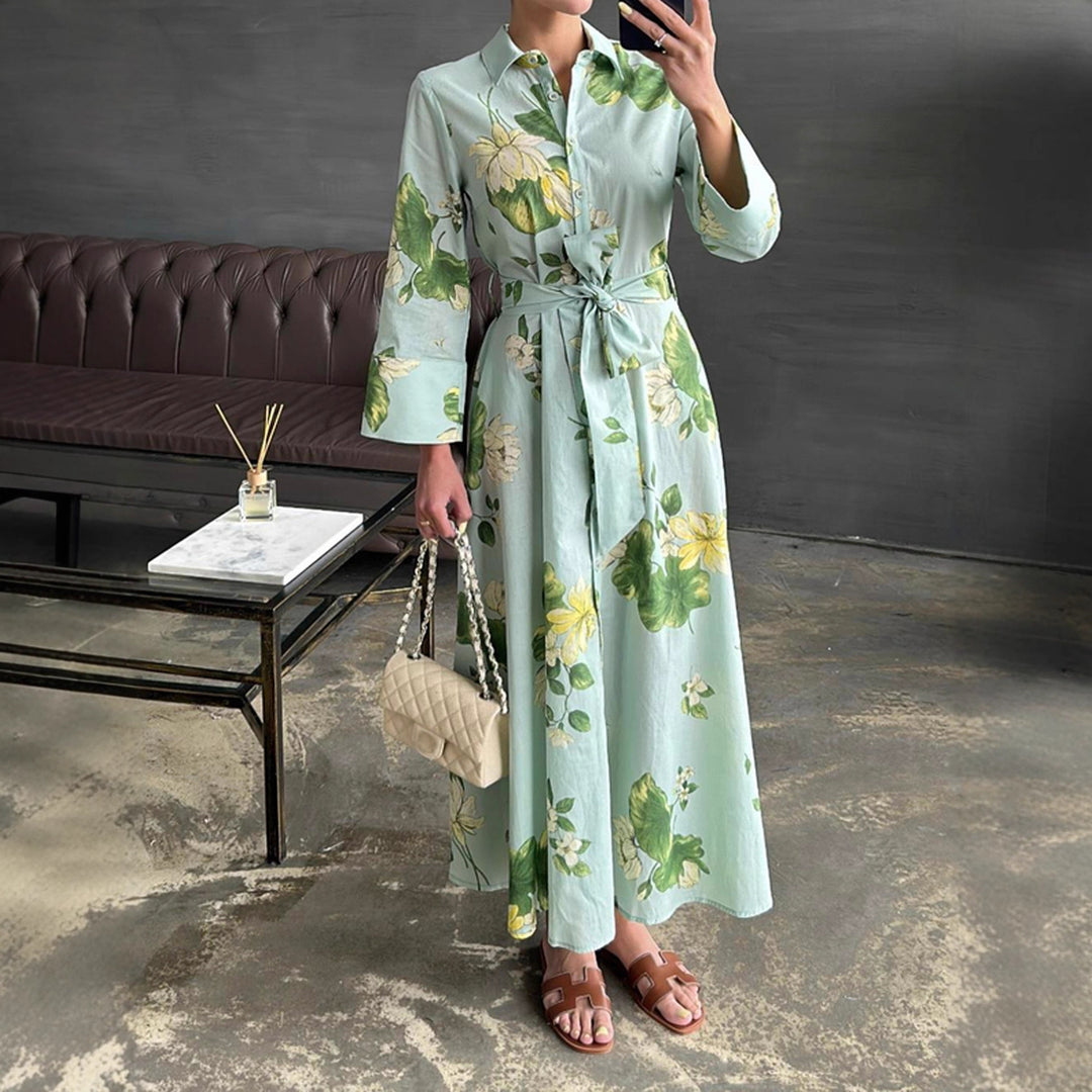 Maxi dress for women with floral patterns and wrapped belt Lune London