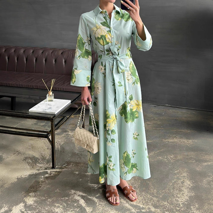 Maxi dress for women with floral patterns and wrapped belt Lune London