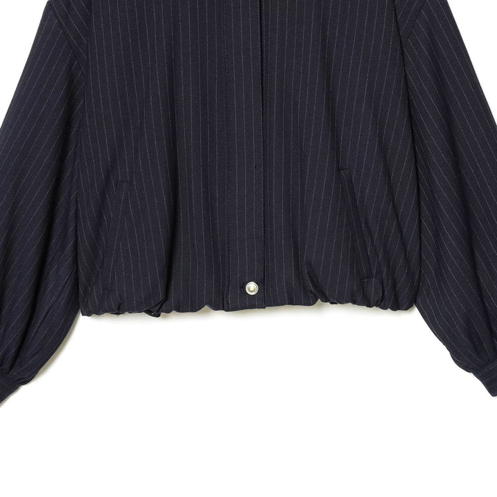 Ladies Short Pinstripe Blouson Jacket with Stand Collar, Balloon Sleeves and Elastic Hem Amarae