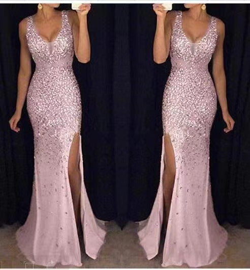 Women's Glamorous Evening Dress with Shimmering Sequins and Deep Slit Lune London