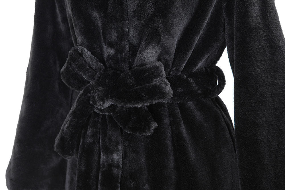 Luxury faux fur coat for women with hood and wide belt Lune London