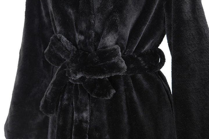 Luxury faux fur coat for women with hood and wide belt Lune London
