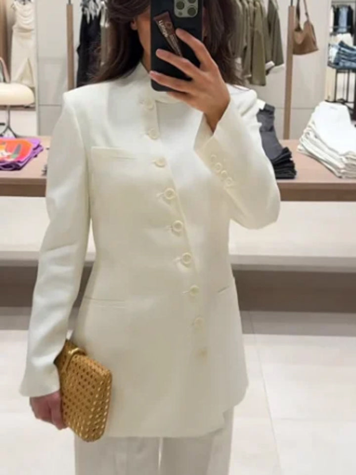 Women Longline Blazer with Stand Collar and Slim Silhouette Amarae