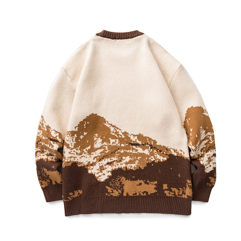 Unisex Oversized knit sweater with mountain jacquard and ribbed round neckline Amarae