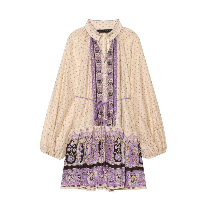 Women’s Boho midi dress with embroidered button placket, balloon sleeves and waist belt Amarae