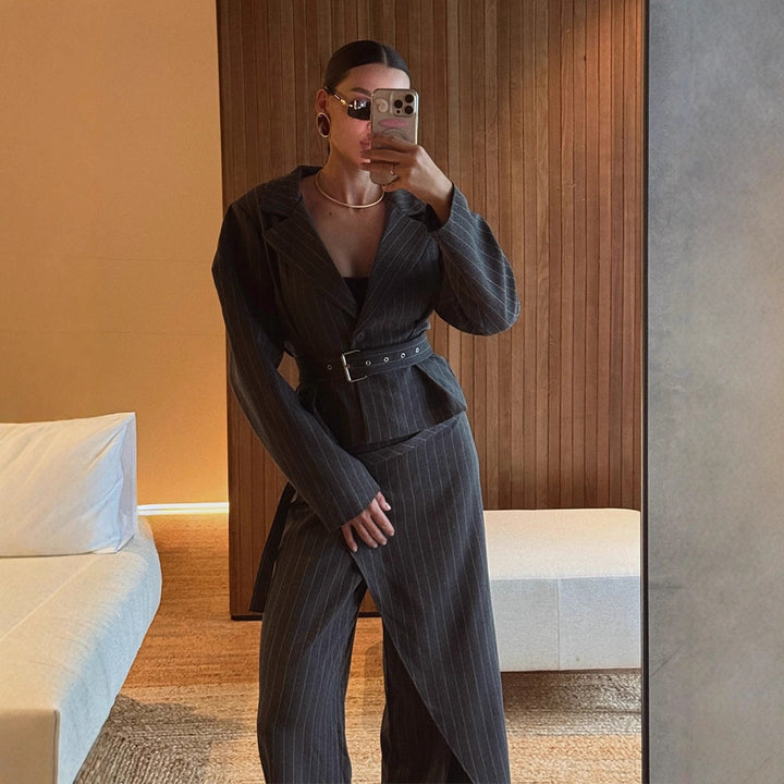 Women's Tailored Pinstriped Blazer with Shoulder-Emphasizing Balloon Sleeves and Waist Belt Amarae