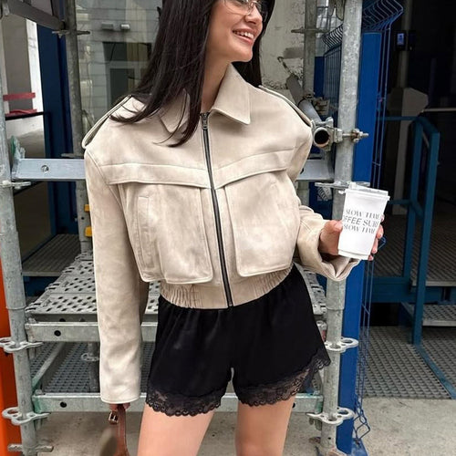 Women short blazer made of suede leather look with oversized shoulder and concealed zipper Amarae