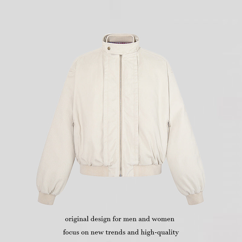 Women's short-cut bomber jacket with stand-up collar, concealed zipper, and elastic hem Amarae
