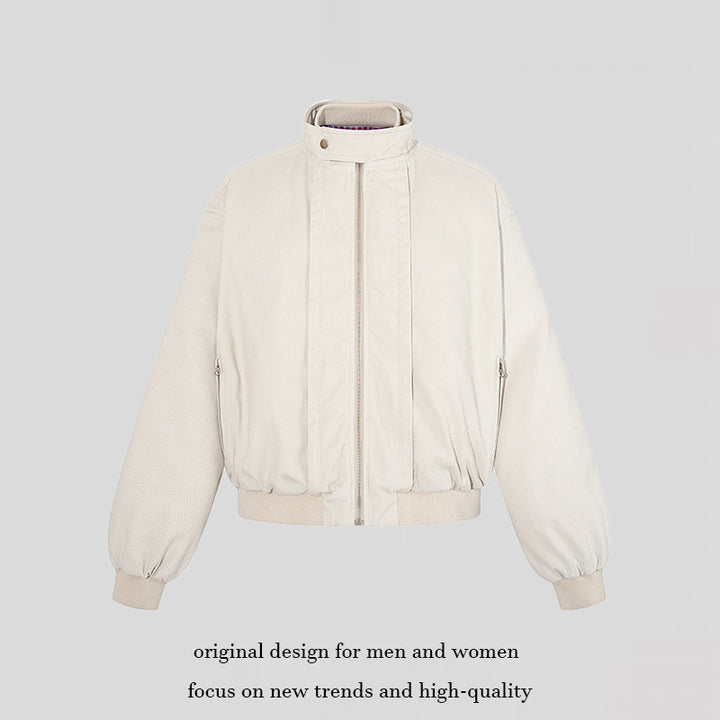 Women's short-cut bomber jacket with stand-up collar, concealed zipper, and elastic hem Amarae