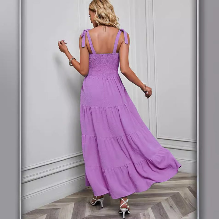 Women's maxi dress with delicate smock top and adjustable straps Lune London
