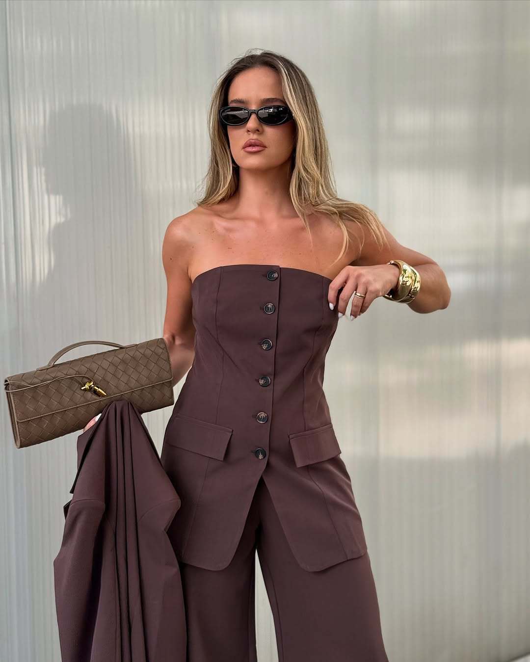 Women's Two-Piece Tailoring Set with Strapless Corset Top and Wide Palazzo Pants Amarae