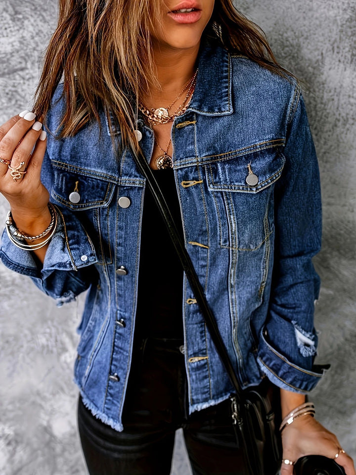 Ladies short cut denim jacket in trucker style with fringe detailing Amarae