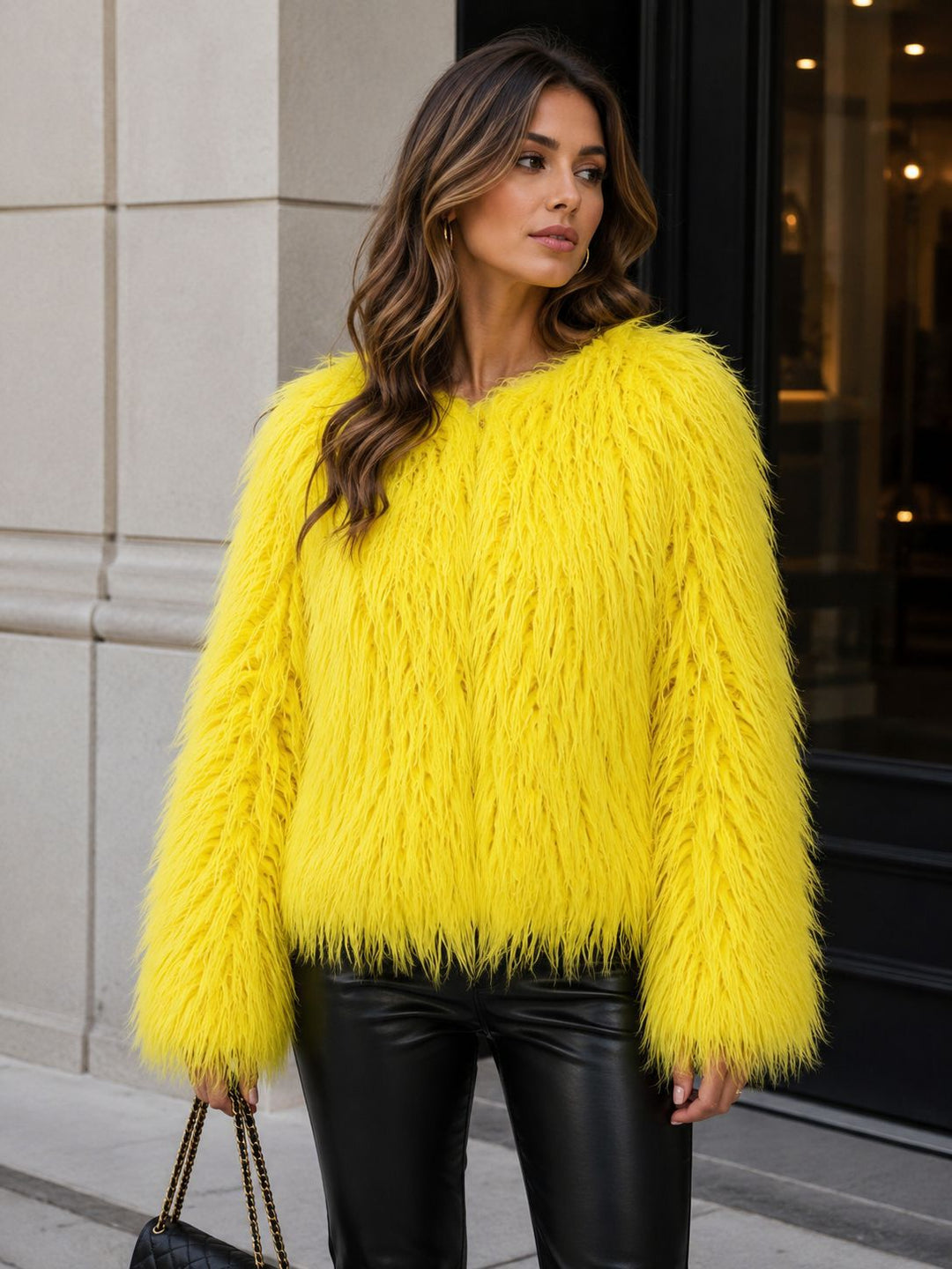 Women Short-Cut Shaggy Faux Fur Jacket with Round Neck, Extra Soft Long Hair and Casual Fit Amarae