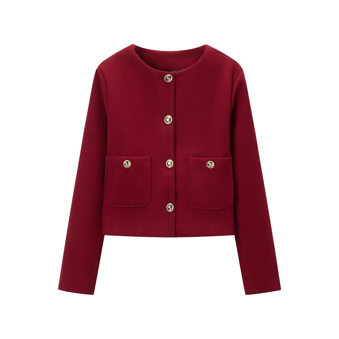 Women's cropped wool blend jacket with round neck, patch pockets and gold decorative buttons Amarae