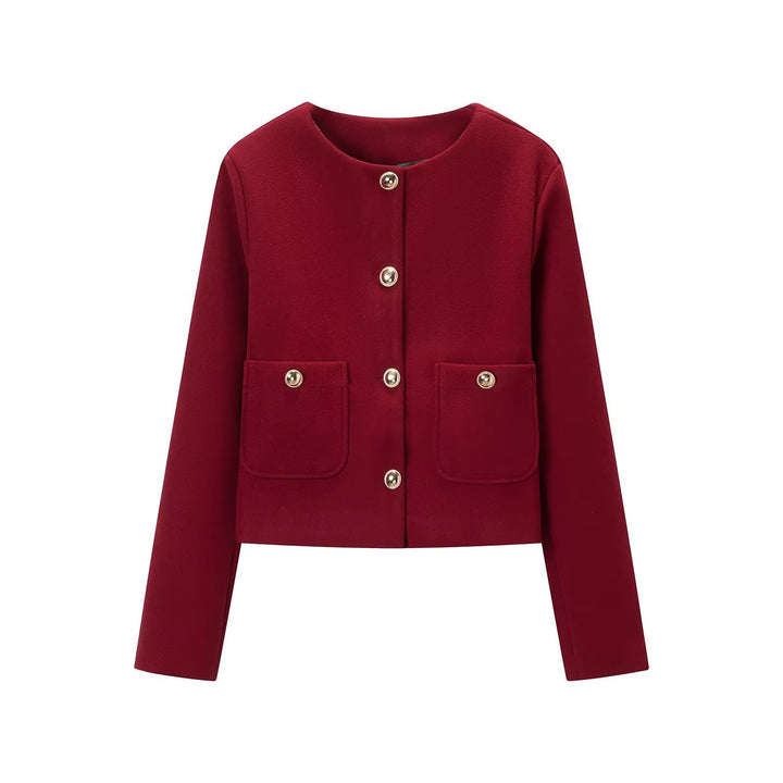 Women's cropped wool blend jacket with round neck, patch pockets and gold decorative buttons Amarae