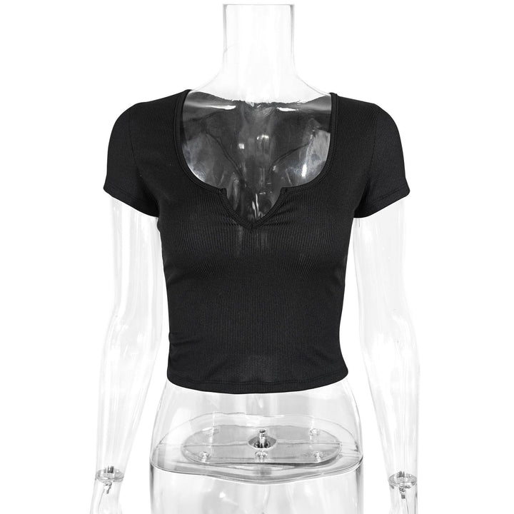 Women's fitted short sleeve top with V-neck and ribbed texture Lune London