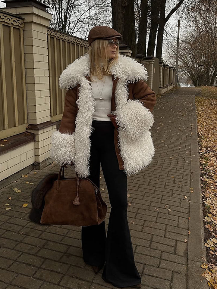 Women's short coat in lamb fur look with voluminous curly collar and contrast trim Amarae