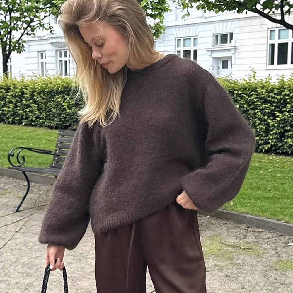 Women Fluffy Round Neck Sweater with Balloon Sleeves and Boxy Silhouette Amarae