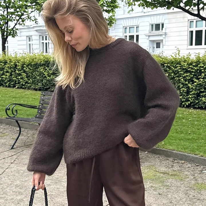 Women Fluffy Round Neck Sweater with Balloon Sleeves and Boxy Silhouette Amarae