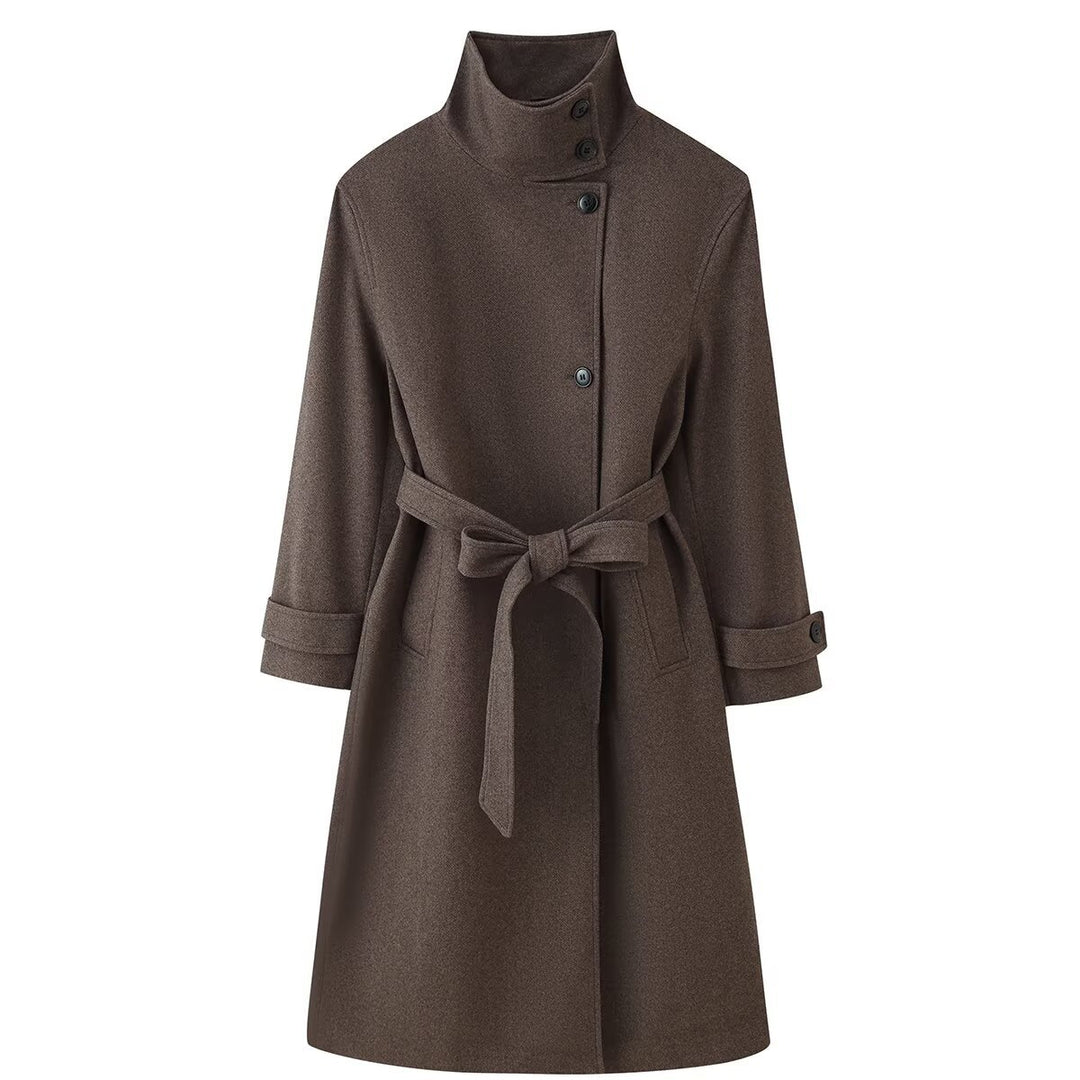 Ladies Mid-length Wool Blend Coat with Stand Collar, Asymmetric Button Placket and Waist Belt Amarae