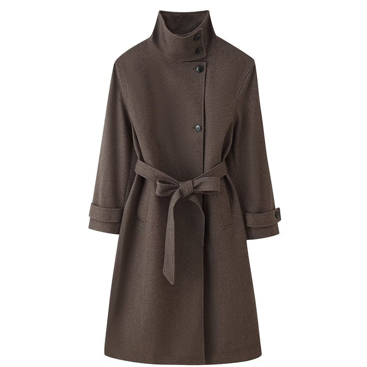Ladies Mid-length Wool Blend Coat with Stand Collar, Asymmetric Button Placket and Waist Belt Amarae