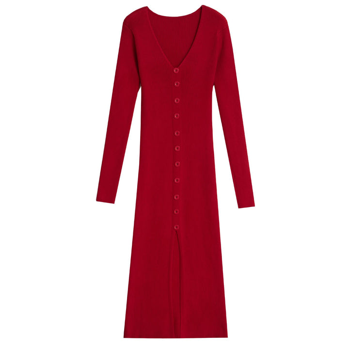 Ladies Long Sleeve Maxi Dress with Ribbed Structure and Button Detail Lune London