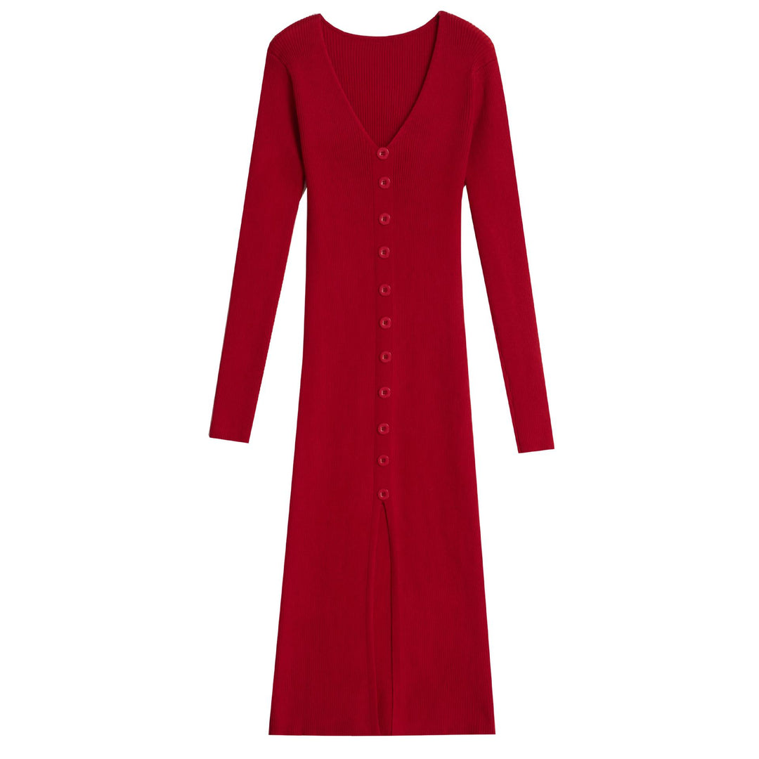 Robe tricotée à manches longues pour femmes avec décolleté en V et patte de boutonnage continue Chic & Stil