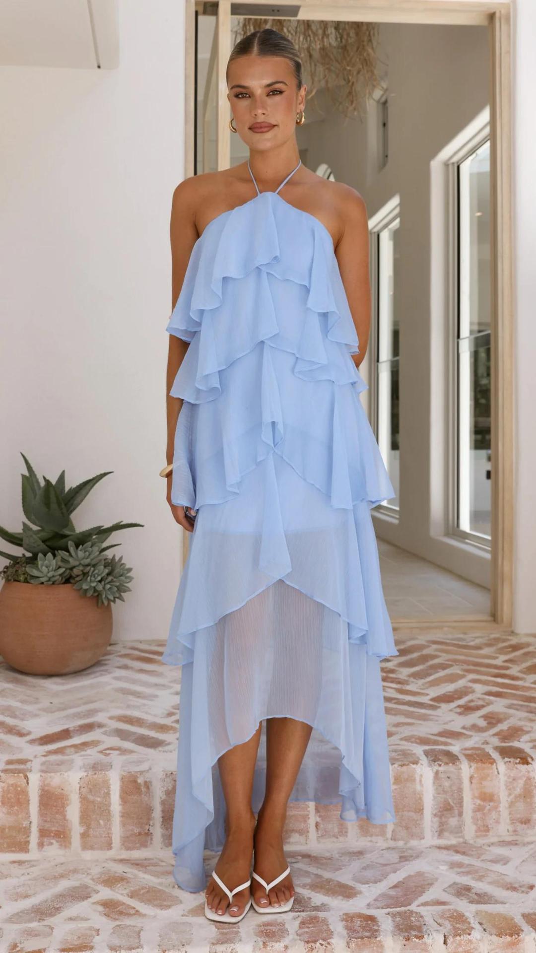 Chic & Stil Women's maxi dress with elegant overlay and floral ruffles