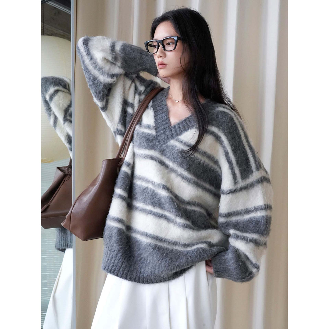 Women Oversized V-Neck Mohair Look Stripe Sweater Amarae