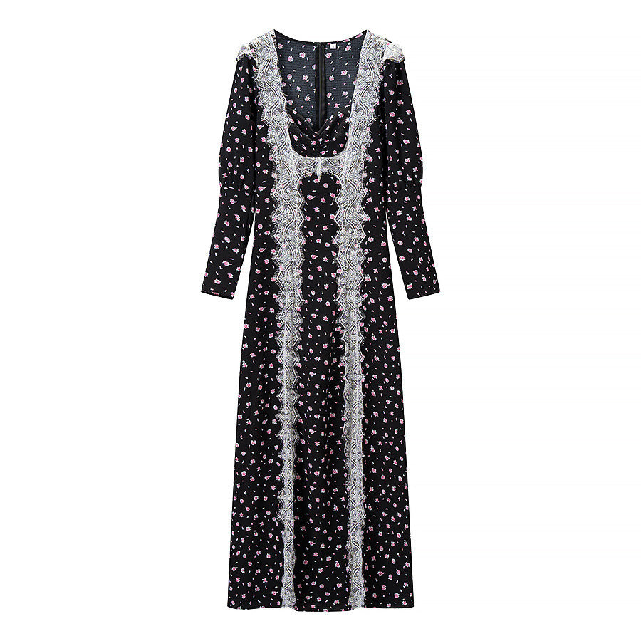 Women's maxi dress in boho style with vertical lace panels and loose U-neckline Amarae