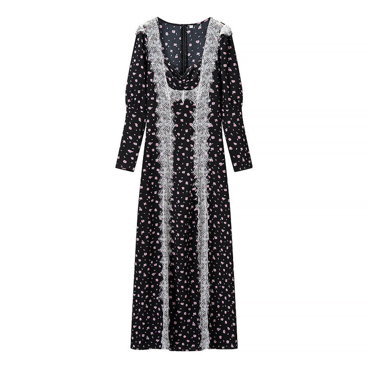 Women's maxi dress in boho style with vertical lace panels and loose U-neckline Amarae