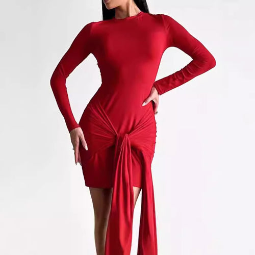 Long sleeve wrap dress for women with asymmetric hem and fitted cut Amarae