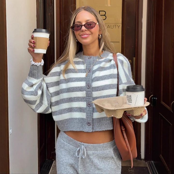 Ladies cropped knit set with striped button jacket, balloon sleeves, and high-waist jogger Amarae