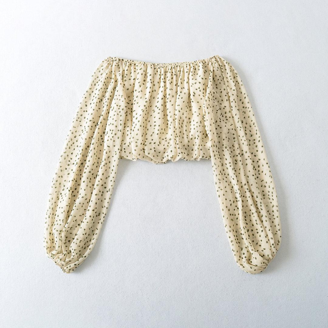 Ladies Carmen Cropped Chiffon Blouse with Elastic, Ruffle Trim and Long Balloon Sleeves Amarae