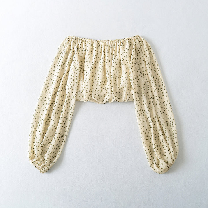 Ladies Carmen Cropped Chiffon Blouse with Elastic, Ruffle Trim and Long Balloon Sleeves Amarae