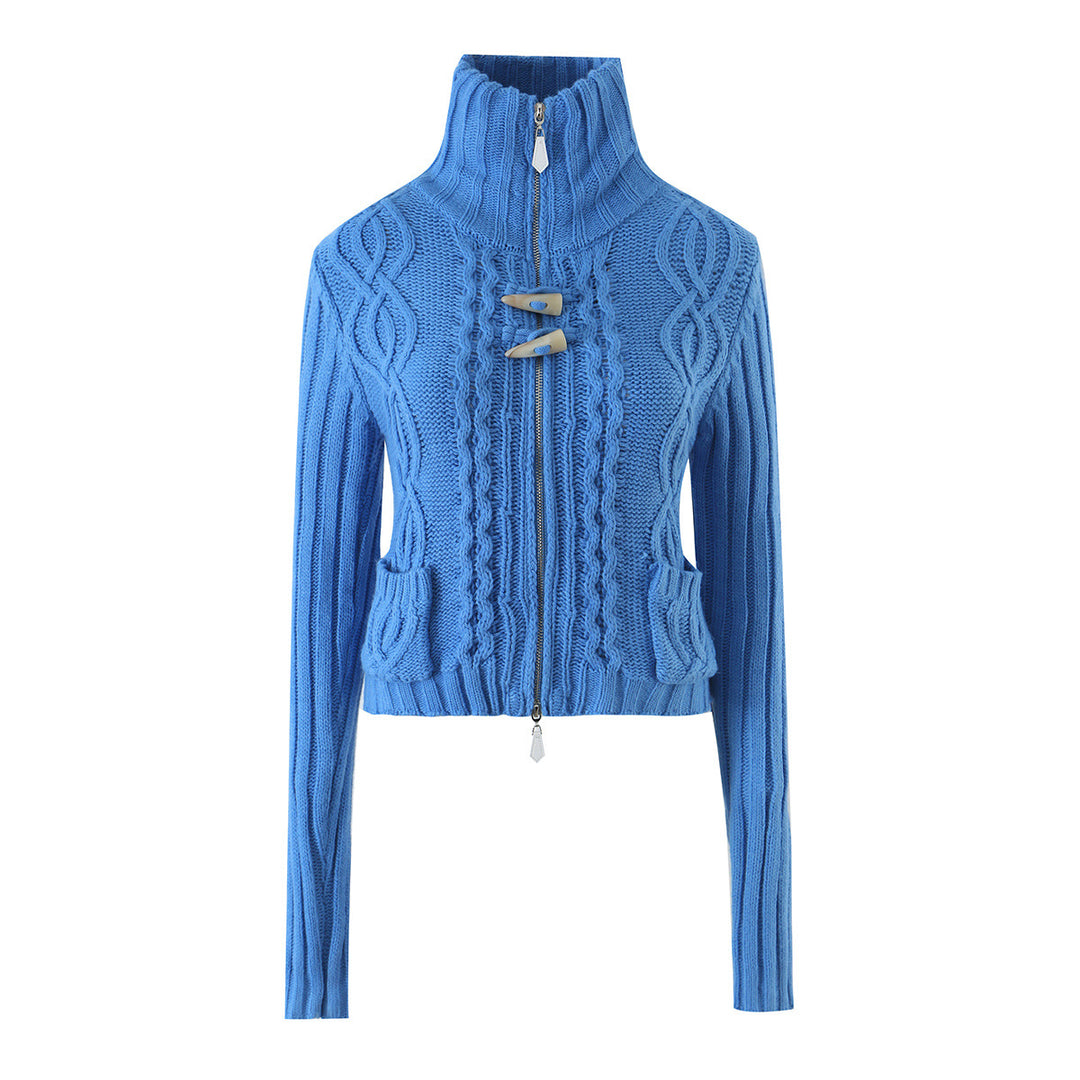 Ladies short knitted cardigan with stand-up collar, cable pattern, wooden button toggles and pockets Amarae